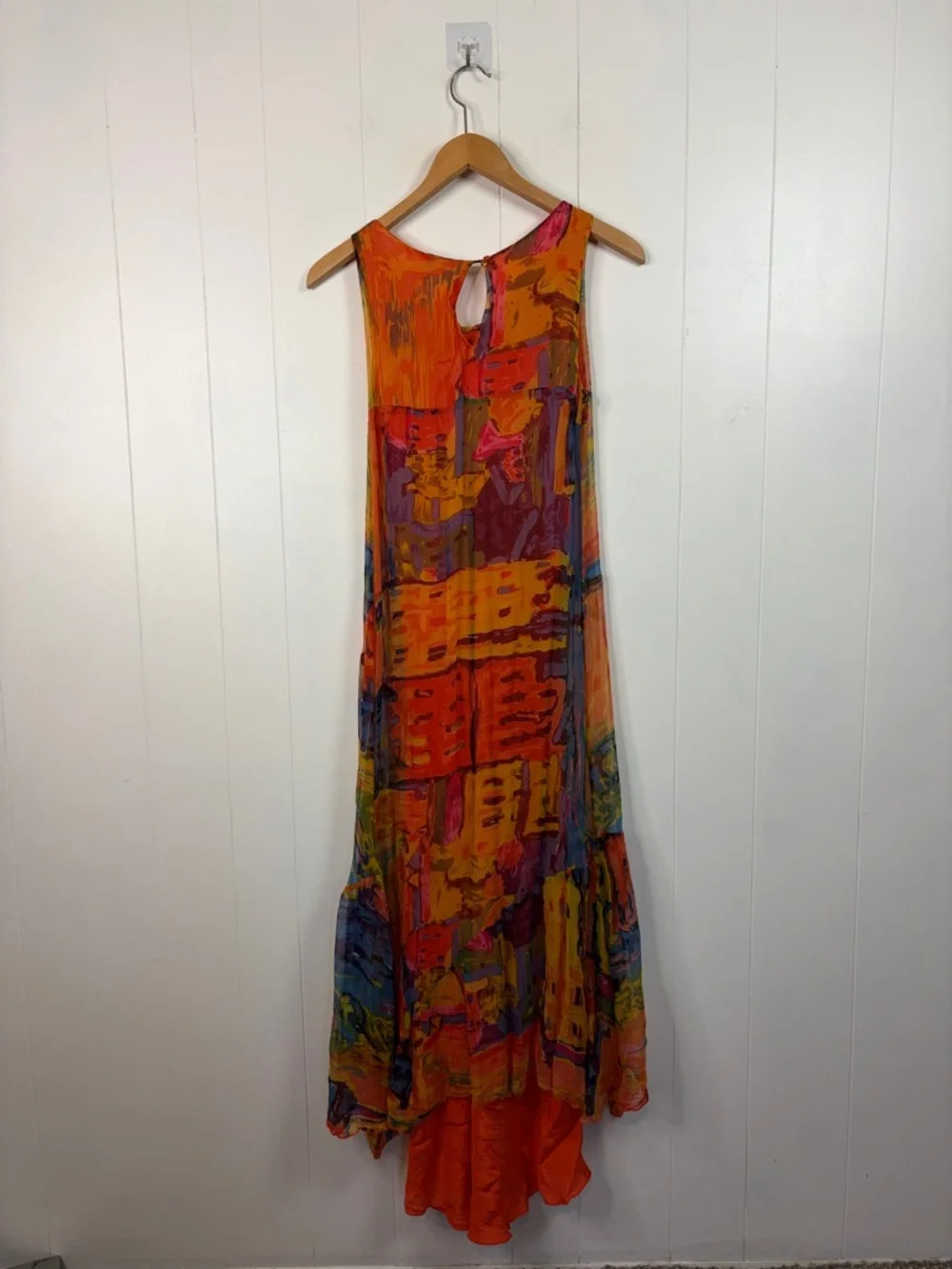 Vintage 90s Grunge Abstract Orange Art Wear Print Mesh Maxi Dress Size Small - Picture 9 of 12